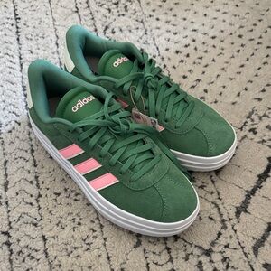 Adidas VL Court Bold Forest Green Sneakers with Pink Stripes